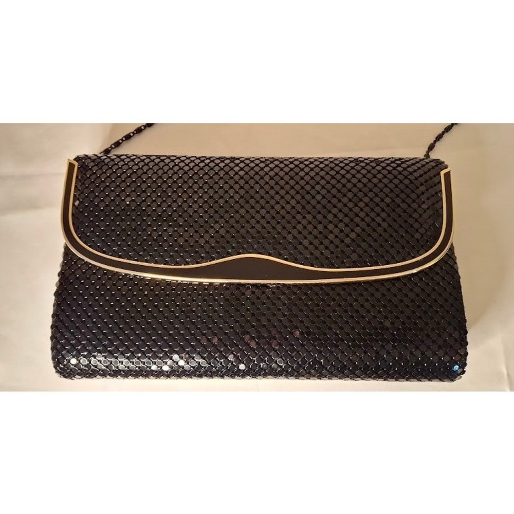 Vintage Black Metal Mesh Evening Clutch Bag Gold Trim Chain Strap Formal